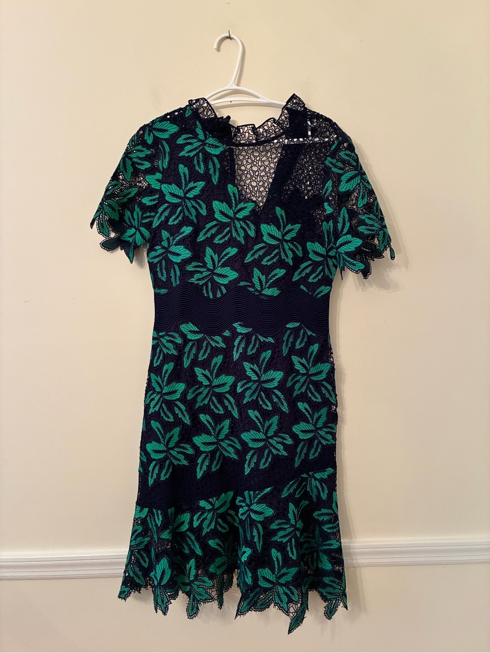 Sea Navy Mini Dress with Green Floral Lace - Picture 8 of 9